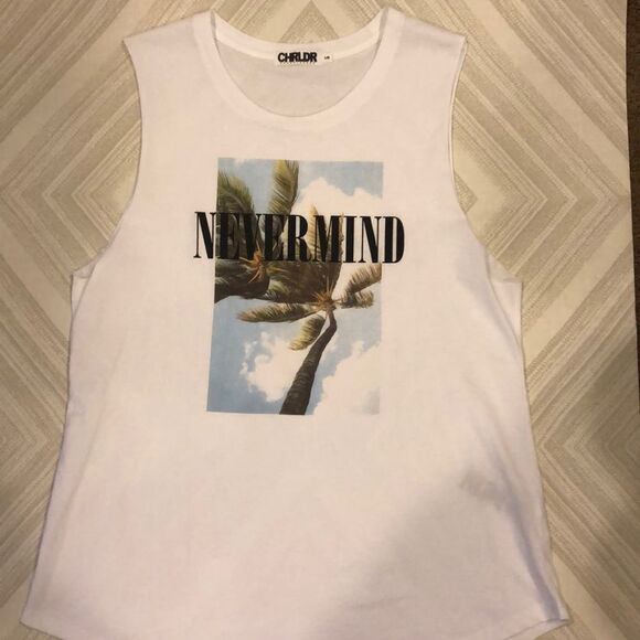 Chrldr “Nevermind” w. Palm Tree White Tank Top - Size S - Picture 1 of 7